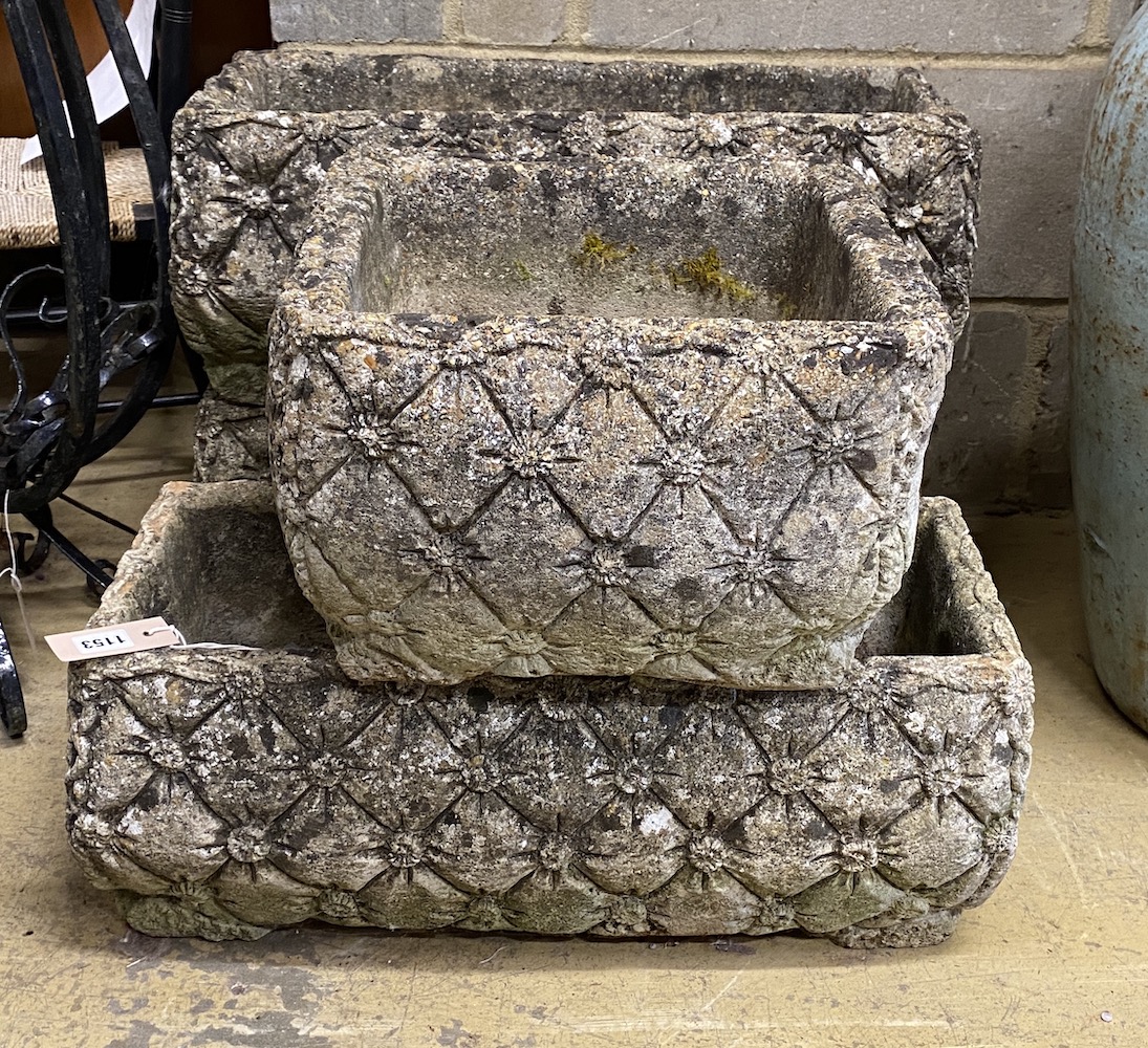 A set of four (3 plus 1) reconstituted 'Daisy Searles' garden planters, largest 58cm, depth 26cm, height 20cm